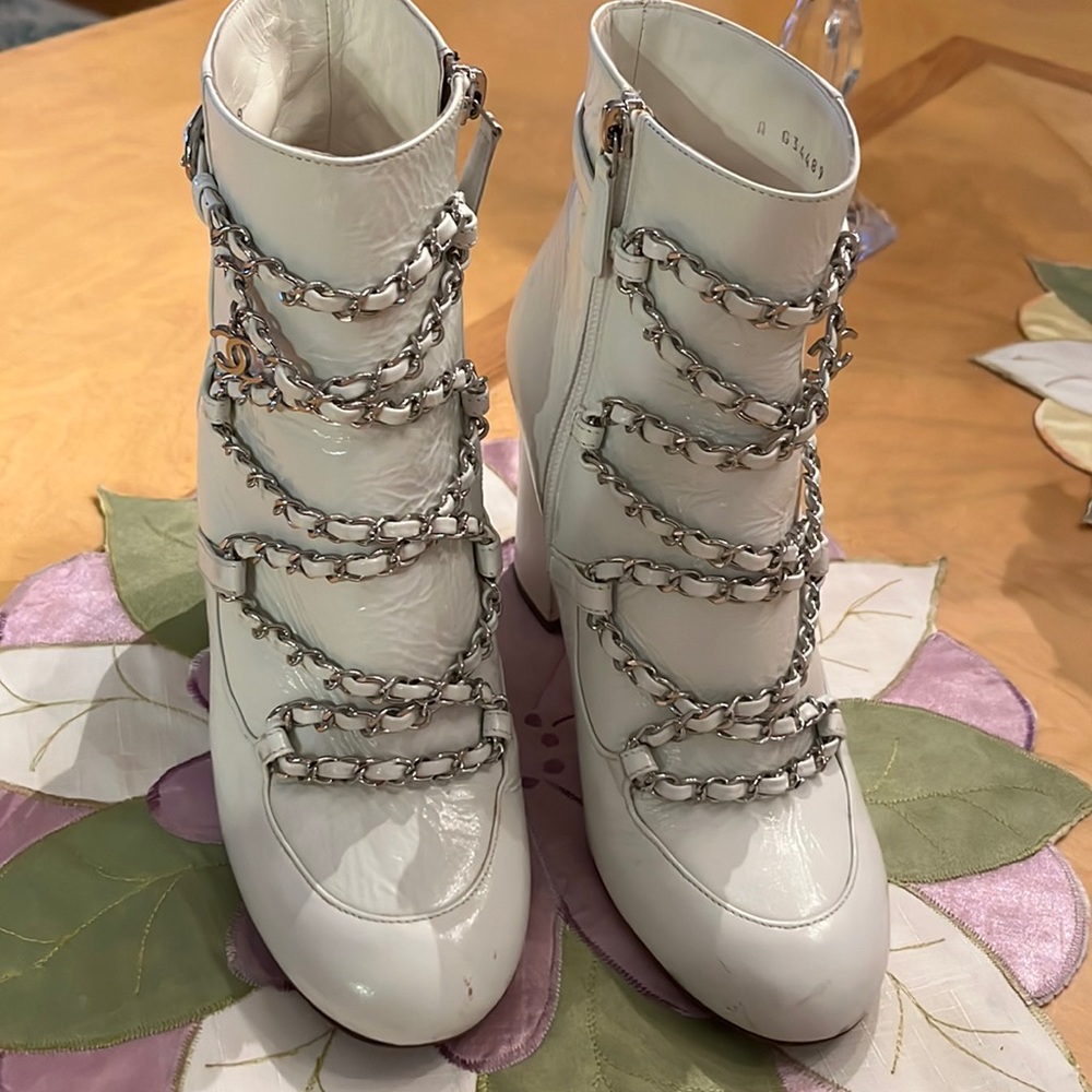 Chanel white patent leather booties
